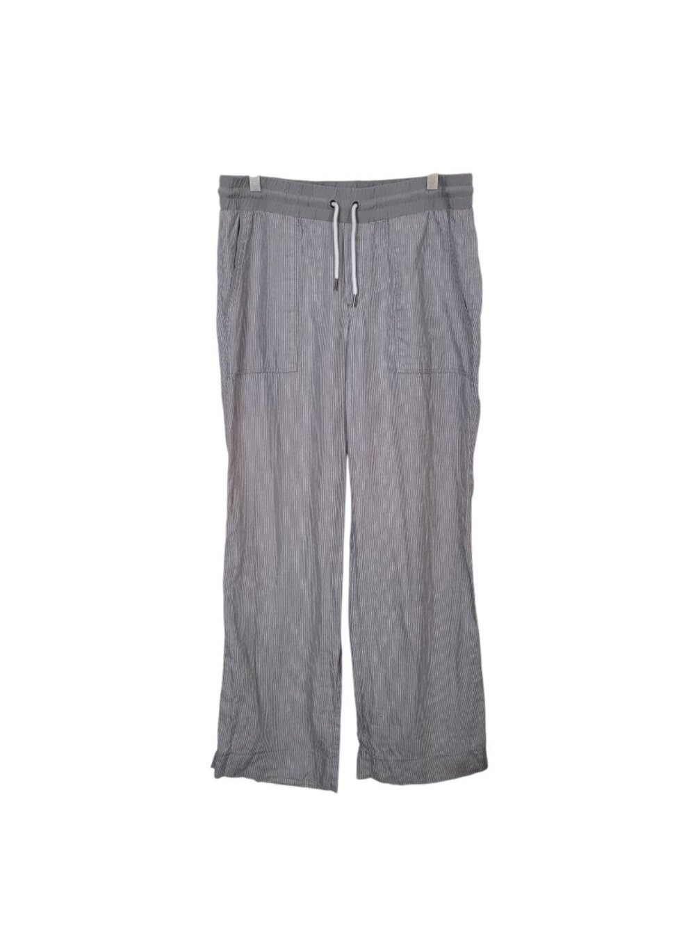 Athleta Bali 100% Linen Ankle Pants Gray Striped Size 12 High Rise Casual